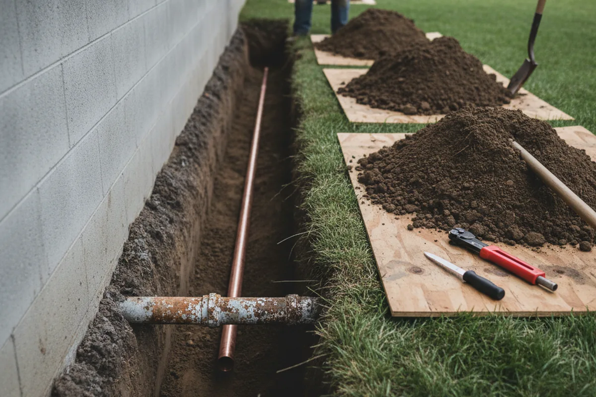 Excavated water line trench during Water Softener Installation in Pilot Mountain
